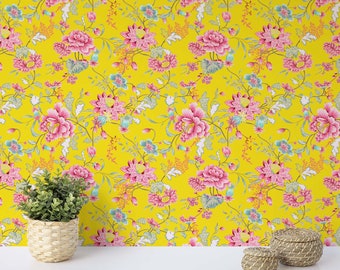 Oriental Floral Chinoiserie Wallpaper | Peel and Stick Wallpaper | Removable Wallpaper | Self Adhesive Wallpaper | Asian Decor