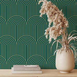 Emerald Art Deco Wallpaper, Removable Peel and Stick Wallpaper, Self Adhesive DIY Wallpaper, Geometric Arches Wallpaper