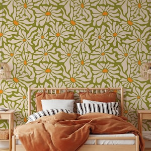 1970s style Floral Peel and Stick Wallpaper, Psychedelic Groovy Warped Hippie Flowers Removable Wallpaper