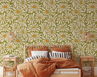 1970s style Floral Peel and Stick Wallpaper, Psychedelic Groovy Warped Hippie Flowers Removable Wallpaper