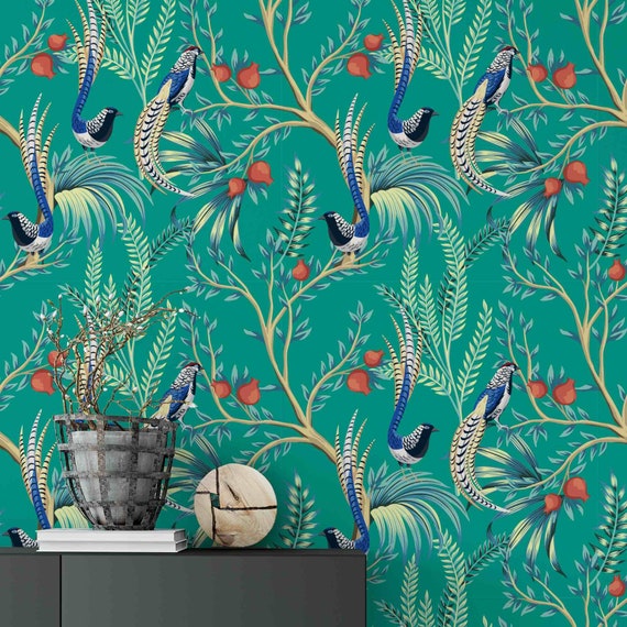 Peel-and-Stick Removable Wallpaper Chinoiserie Bird Florals Blue Asian French