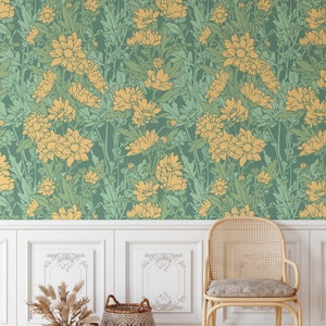 Green Floral Wallpaper | Botanical Wallpaper | Removable Wallpaper | Peel n Stick Wallpaper | Self Adhesive Wallpaper