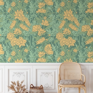 Green Floral Wallpaper | Botanical Wallpaper | Removable Wallpaper | Peel n Stick Wallpaper | Self Adhesive Wallpaper