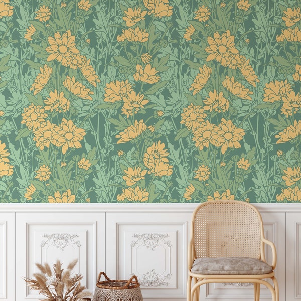 Green Floral Wallpaper Etsy