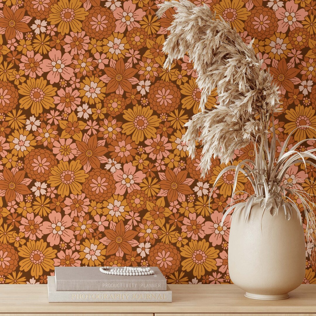 Retro 70s Orange Floral Removable Wallpaper Mid Century Modern