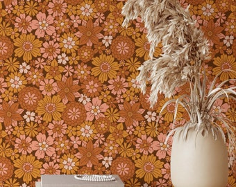 Retro 70s Orange Floral Removable Wallpaper | Mid Century Modern Wallpaper | Floral Wallpaper | Peel and Stick Wallpaper