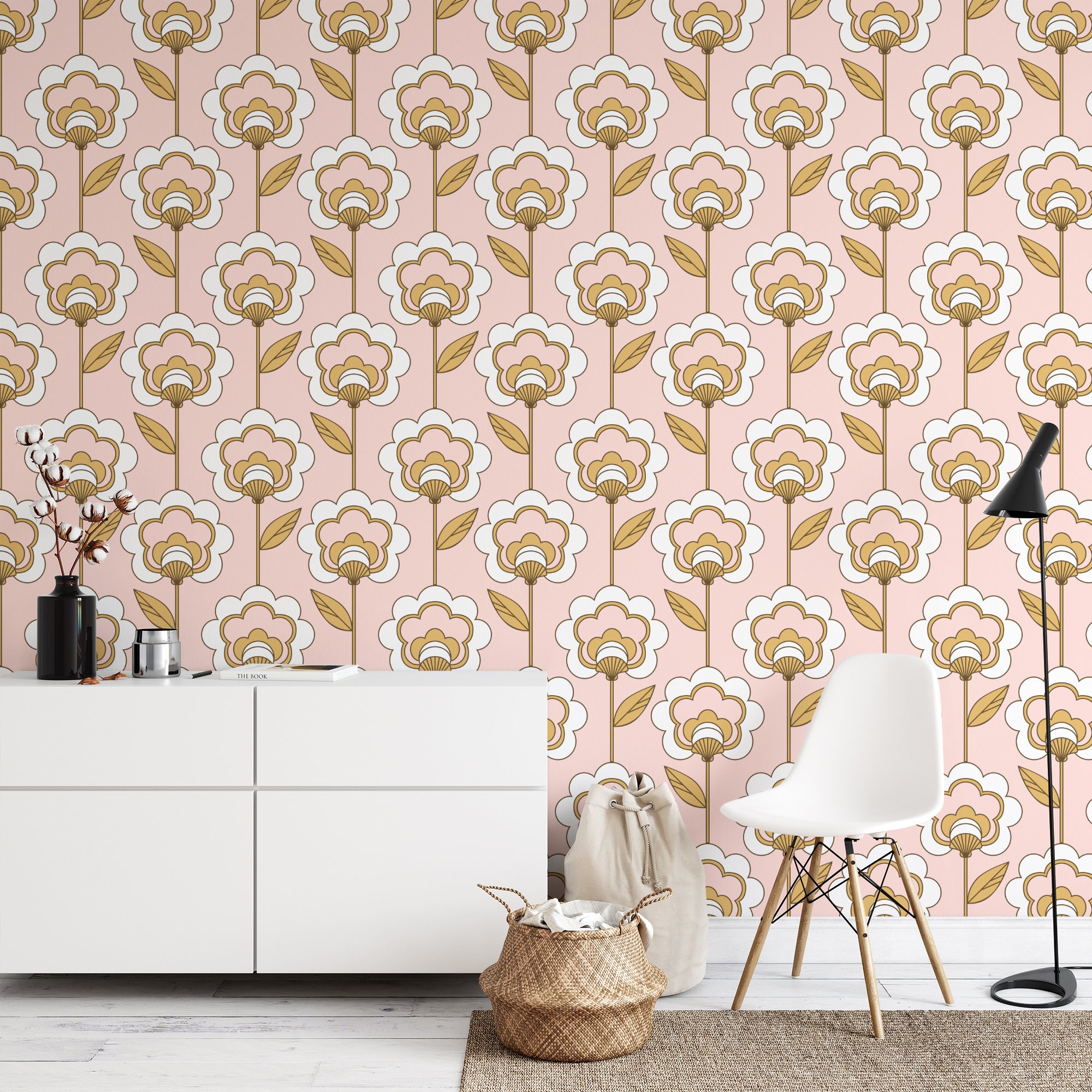 Retro Floral Wallpaper Mid Century Modern Wallpaper Peel | Etsy