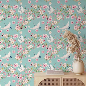 Bird Peel and Stick Wallpaper | Crane Removable Wallpaper | Cherry Blossom Self Adhesive Wallpaper | Asian Decor