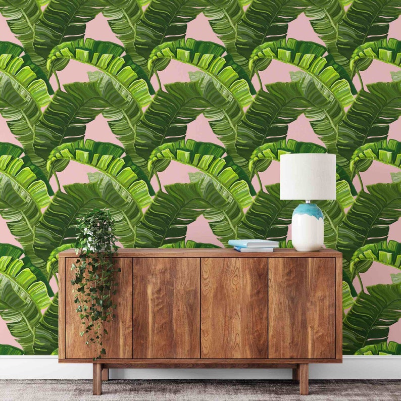 Pink Banana Leaf Wallpaper Removable Wallpaper Peel and | Etsy