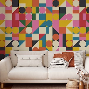 Bauhaus Abstract Geometric Wallpaper | Modern Bright Bold Peel and Stick Wallpaper | Removable Wallpaper