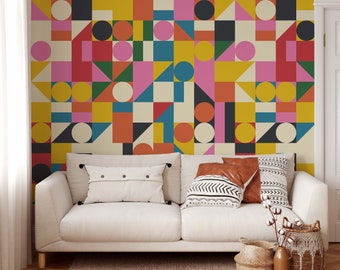 Bauhaus Abstract Geometric Wallpaper | Modern Bright Bold Peel and Stick Wallpaper | Removable Wallpaper