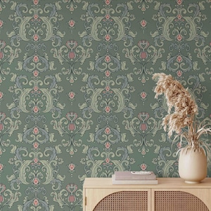 Elegant Green Removable Wallpaper | Vintage Floral Wallpaper | Classic Peel and Stick Wallpaper | Repositionable Wallpaper