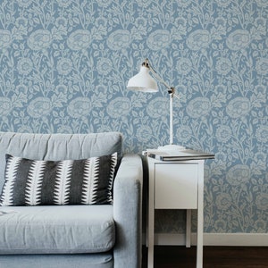 Blue Floral Wallpaper | Botanical Wallpaper | Removable Wallpaper | Peel n Stick Wallpaper | Self Adhesive Wallpaper