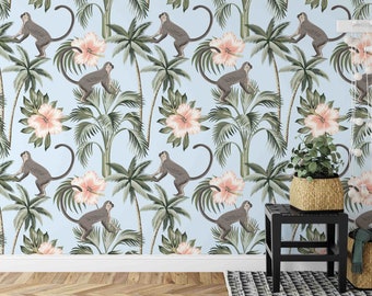 Tropical Wallpaper | Monkey Wallpaper | Peel and Stick Wallpaper | Removable Wallpaper | Self Adhesive Wallpaper | Coastal Decor