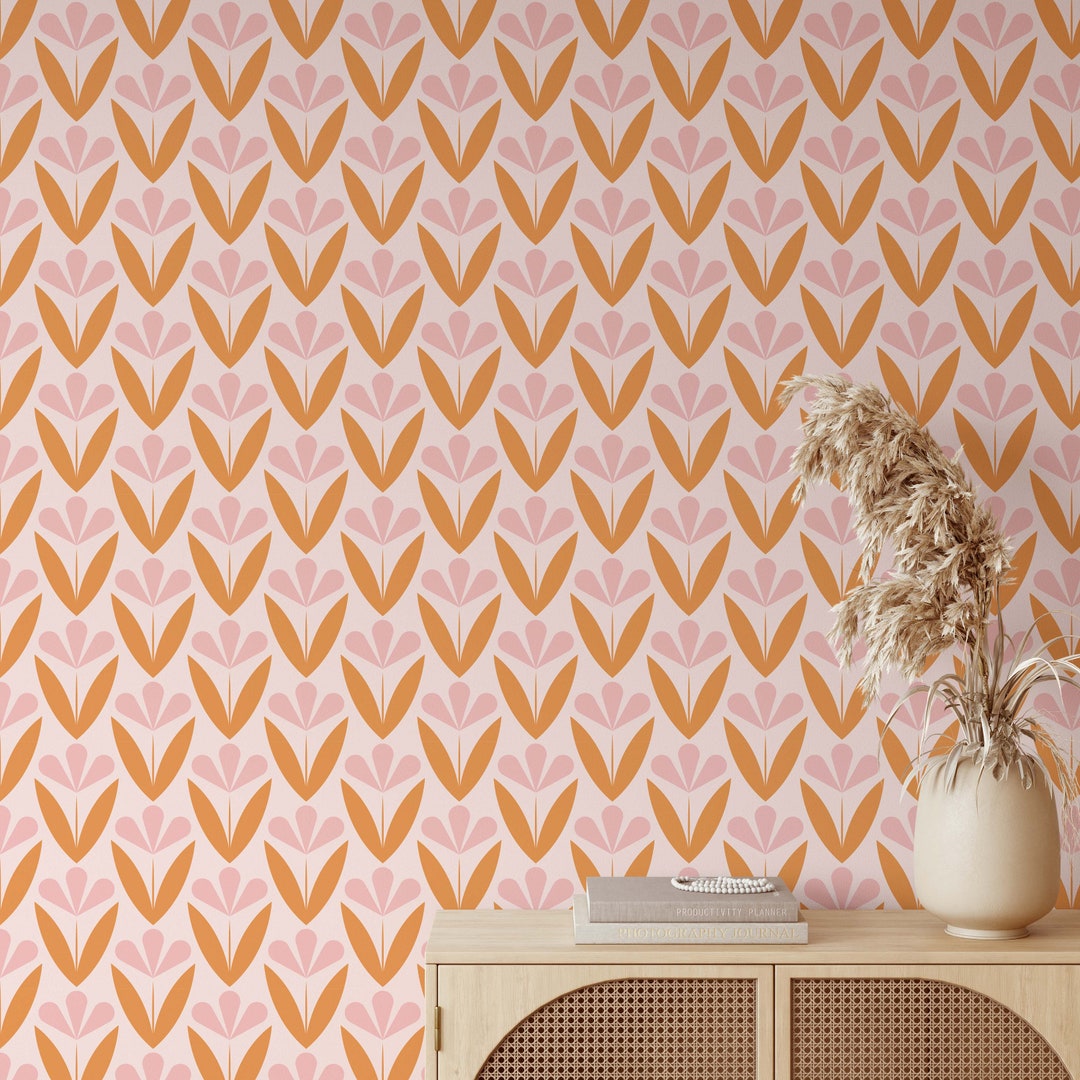 Pink Orange Retro Floral Peel and Stick Wallpaper Scandi Flowers