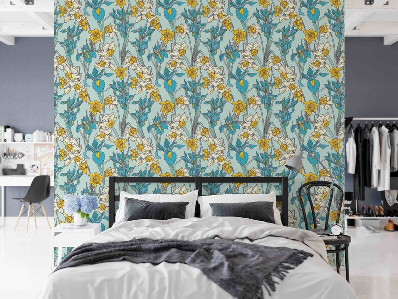 Blue Floral Wallpaper Art Nouveau Wallpaper Removable Etsy