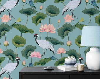 Japanese Wallpaper | Crane Lotus Blossom Peel and Stick Wallpaper | Chinoiserie Removable Wallpaper | Self Adhesive Wallpaper | Vintage