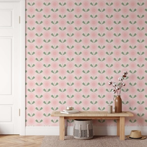 Pink Retro Floral Peel and Stick Wallpaper: Scandi Style