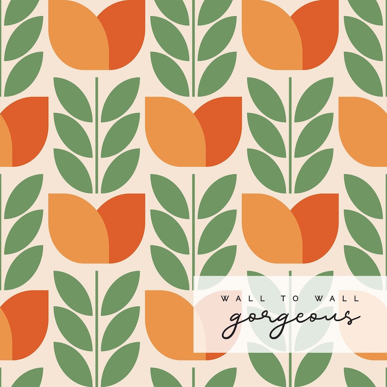 Orange Retro Floral Removable Wallpaper Mid Century Modern Wallpaper Scandi Peel and Stick Wallpaper image 2