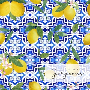 Italian Lemon Wallpaper | Removable Wallpaper | Watercolor Fruit | Peel and Stick | Exotic Boho Tile