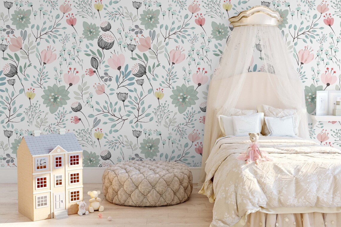 Pastel Floral Nursery Wallpaper Removable Wallpaper Large Etsy