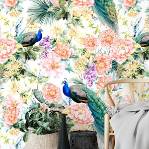 Peacock Wallpaper | Chinoiserie Wallpaper | Bird Wallpaper | Peel and Stick Wallpaper | Removable Wallpaper | Self Adhesive Wallpaper