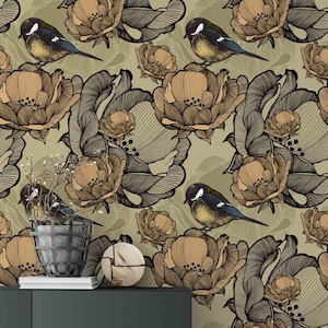 Bird Wallpaper | Peel and Stick Wallpaper | Removable Wallpaper | Self Adhesive Wallpaper | Vintage Style | Bedroom Wallpaper