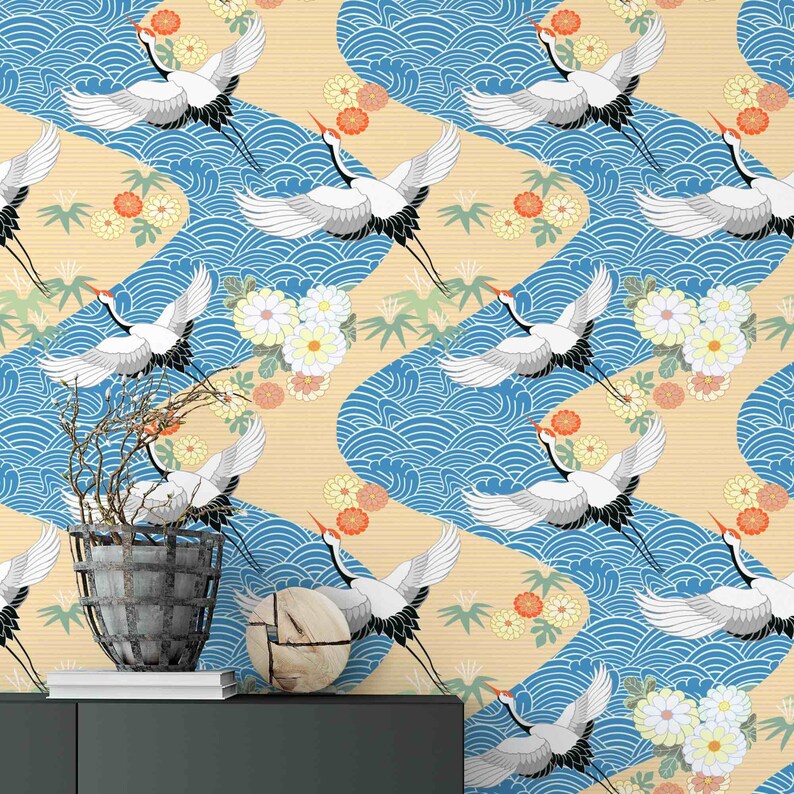 Japanese Crane Wallpaper Peel and Stick Wallpaper Blue Etsy