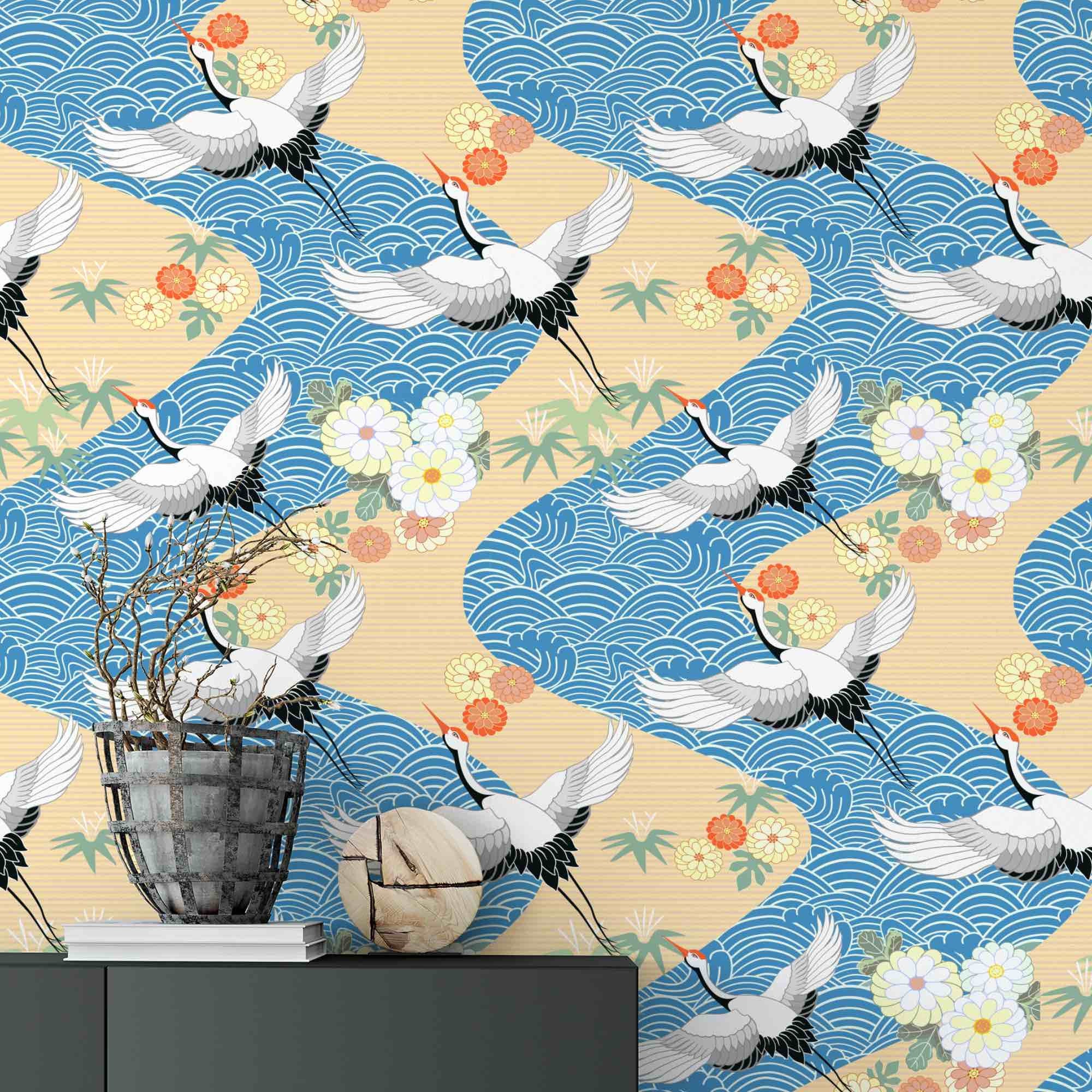 Japanese Crane Wallpaper Peel and Stick Wallpaper Blue - Etsy