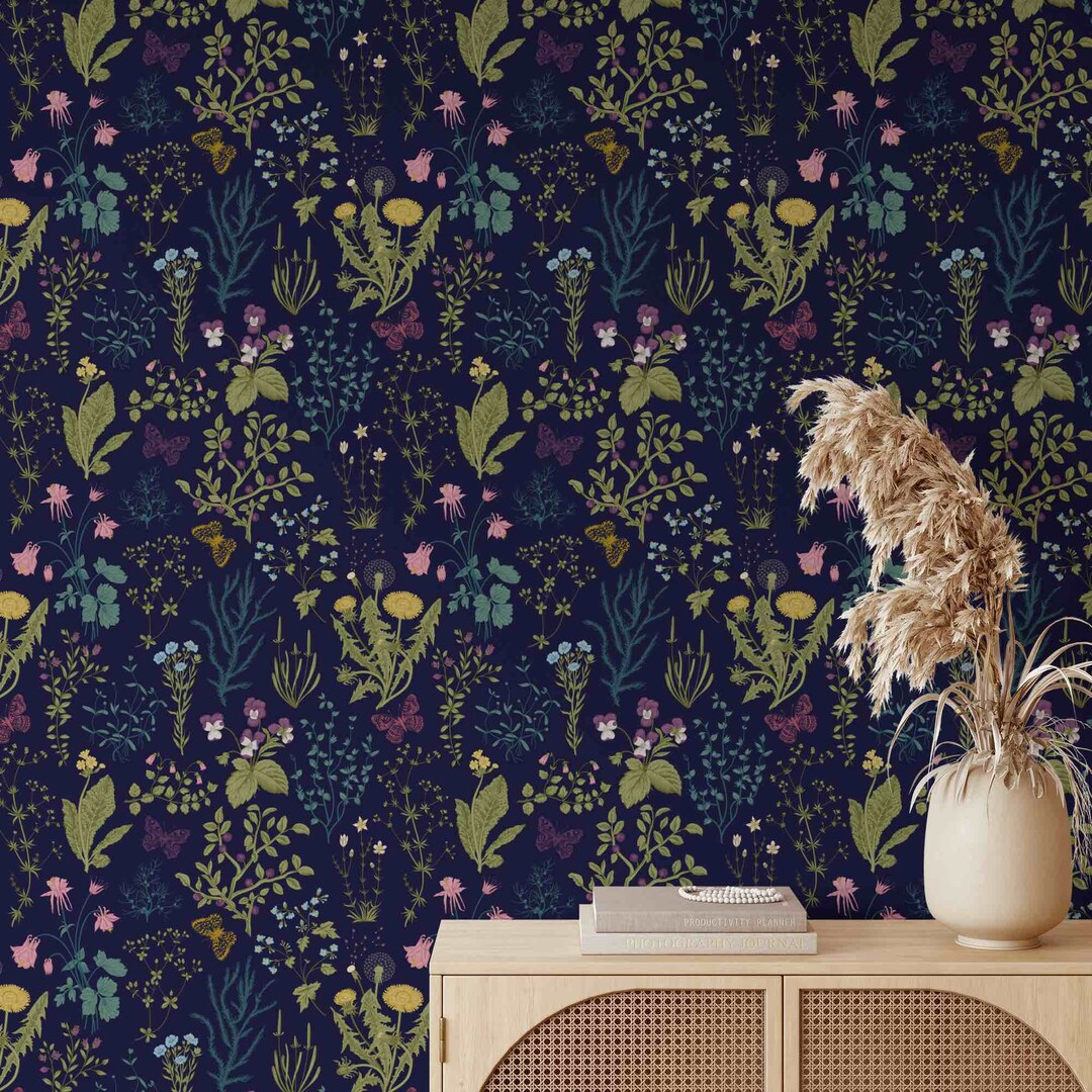 Navy Botanical Wallpaper Wildflower Floral Removable Wallpaper Peel and