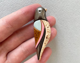 Bird Pin Jewelry. Ceramic Brooch Clay Bird. Gift for birds lovers. Autumn colors. Thanksgiving gift