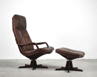 Deense lederen verstelbare fauteuil & poef set van Berg Furniture, jaren 70