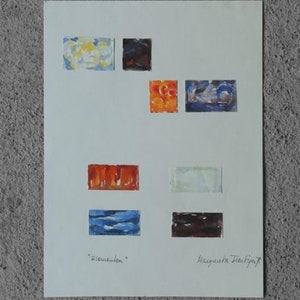May include: A white card with nine small watercolor paintings in various colors, including blue, orange, red, and brown. The card is signed "Margaret Strijdorf" and "Ziewenulen".