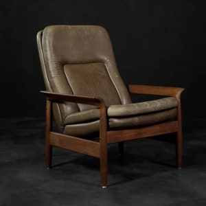 Vintage Mid-Century Danish Modern Teak Wood & Brown Leather High Armchair with Reclining Backrest, 1960s