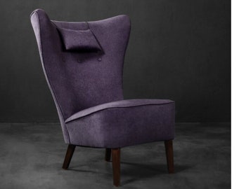 Rare Vintage Mid-Century Scandinavian Modern Oak & Purple Fabric High Back Wing Chair, 1950s
