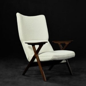 Vintage Mid-Century Norway Modern Teak & White Boucle Fabric High Lounge Chair, 1960s