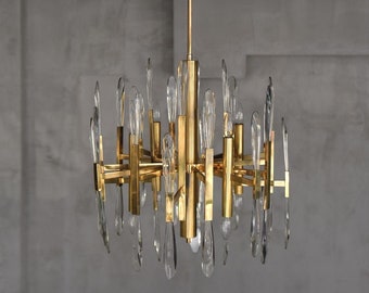 Italian Brass & Glass Icicles Chandelier by Gaetano Sciolari, 1970s