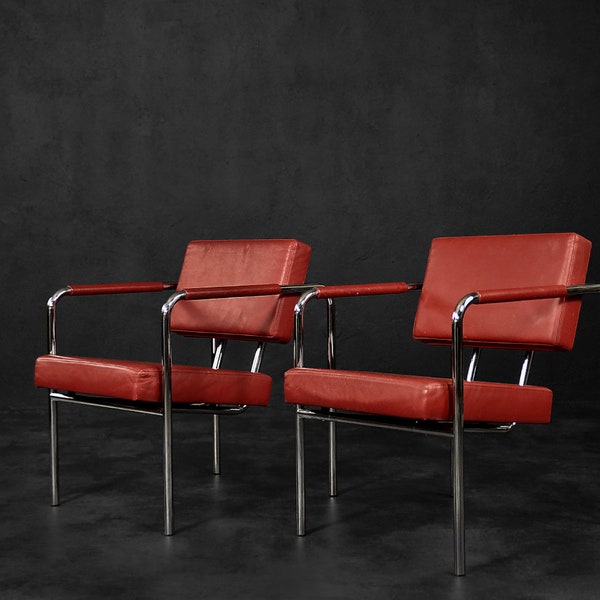 Rare Vintage Scandinavian Bauhaus Chrome & Red Leather Armchairs Model EJ 8 by Torben Skov for Erik Jørgensen Møbelfabrik, 1990, Set of 2