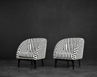 Vintage Mid-Century Scandinavian Modern Rounded Armchair with Black & White Stripes, 1960s, Set of 2