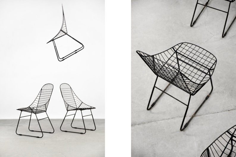 Original Vintage Scandinavian Mid-Century Modern Minimalist Black Wire Prototype Chair, 1960s, Set of 5 image 5