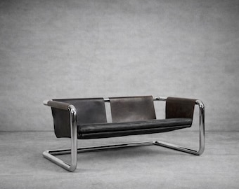 Vintage Bauhaus Tubular Metal & Leather Sofa, 1950s
