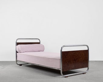 Vintage Art Déco Streamline Burled Wood Tubular Steel Bauhaus Bed, 1920s