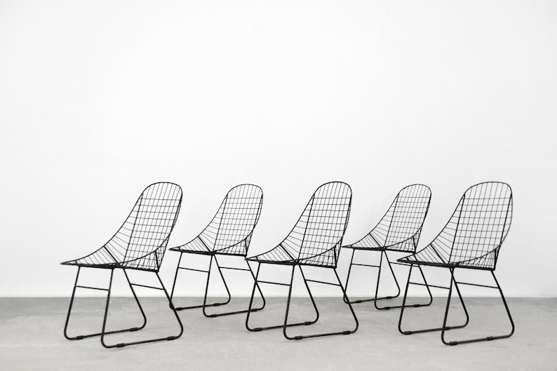 Original Vintage Scandinavian Mid-Century Modern Minimalist Black Wire Prototype Chair, 1960s, Set of 5 image 1