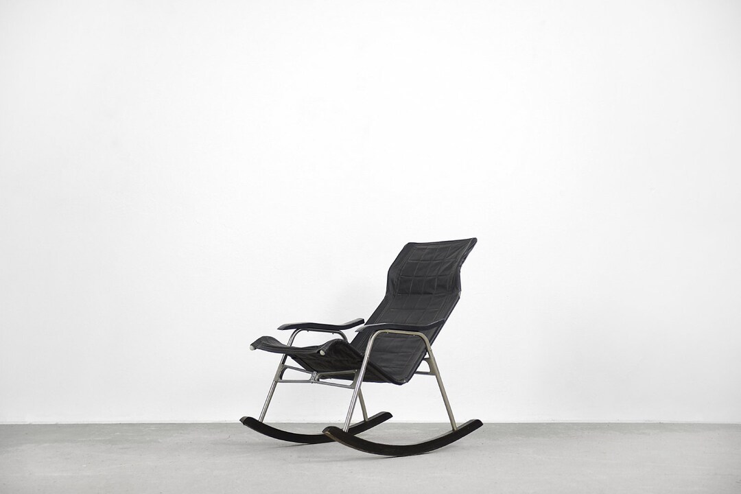 Vintage Mid-century Postmodern Minimalist Black Leather Rocking Chair ...