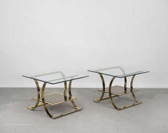 Vintage Italian Glass Coffee Tables with Gold-Colored Bases, 1960s, Set of 2