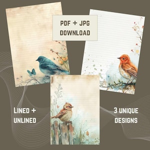 Puede incluir: Tres diseños únicos de papelería imprimible con aves en acuarela. Una hoja tiene un pájaro azul con una mariposa, otra un pájaro naranja y la tercera un pájaro marrón. La papelería está disponible en versiones con y sin líneas.