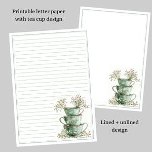 Papel de carta para impressão com lindo design de xícara de chá, pautado e sem pauta