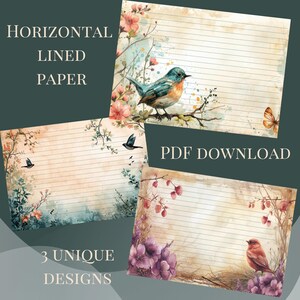 Könnte beinhalten: Drei druckbare Designs von liniertem Papier mit Aquarell-Blumen- und Vogel-Illustrationen. Die Designs zeigen einen blauen Vogel, einen Schmetterling und einen roten Vogel. Der Text "HORIZONTAL LINED PAPER" und "PDF DOWNLOAD" ist im Bild sichtbar.