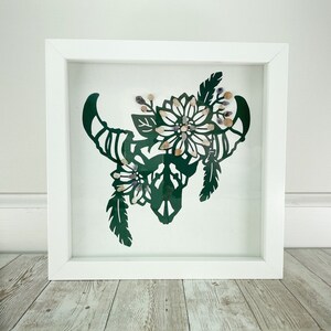 Cow Skull Flowers and Feathers Wall Art, Boho Wall Decor Bedroom, Western Decor, Framed Boho Wall Decor