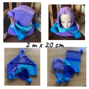 Scoodie hooded scarf with pompoms in purple and blue tones